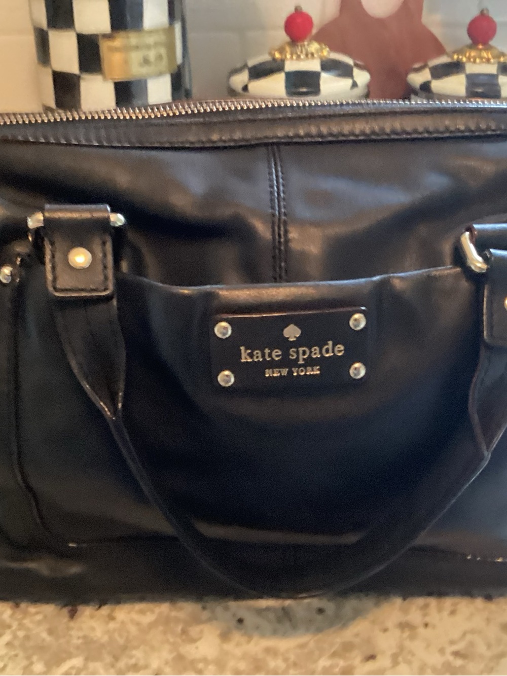 kate spade Black Smooth Leather Tote with Logo Plaque